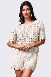 AXTZH Crochet Beachwear Shorts with Handcrafted Detailing and Scalloped Hemline-X0228-BEIGE-BW1PST