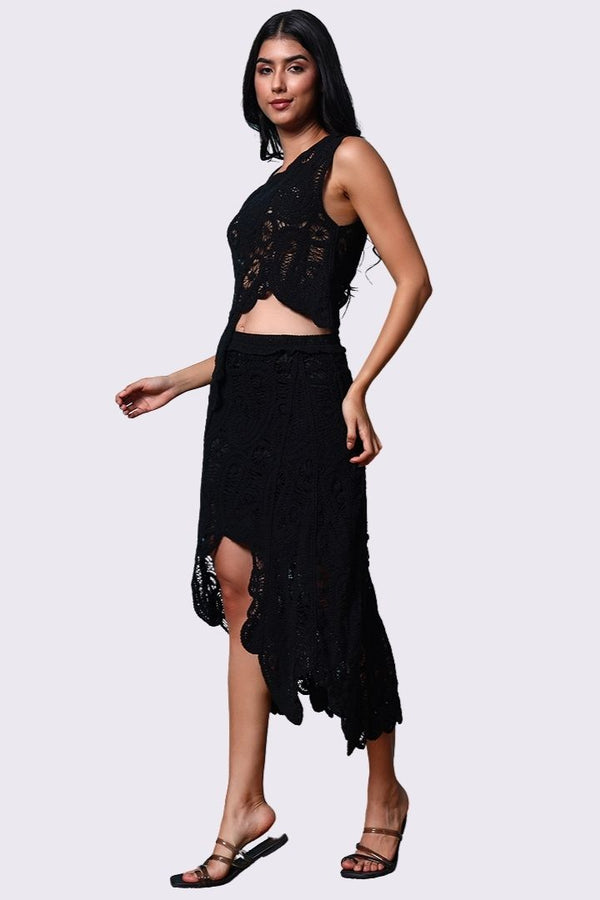AXTZH Women’s Sexy Crochet High-Low Skirt Beachwear with Elegant Detailing-X3313-BLACK-BW1PTA