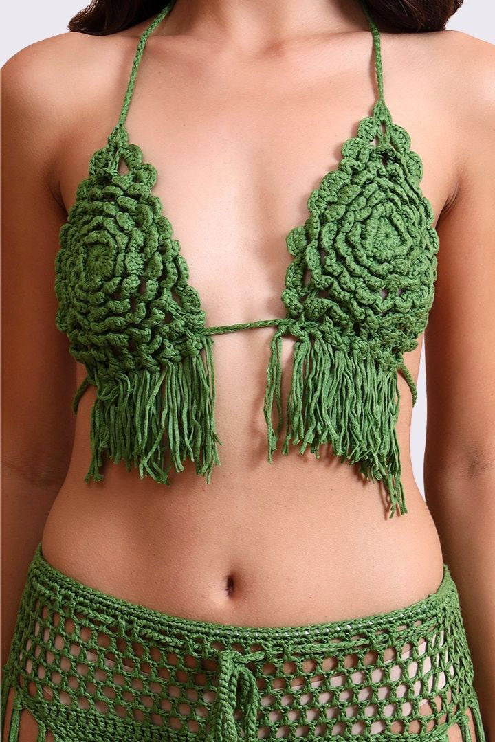 AXTZH  Statement Crochet Beach Set Featuring Handcrafted Bra Top and Dramatic Fringe Overlay-X0381-FGREEN-BW2PF