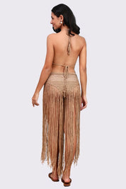 AXTZH Statement Crochet Beach Set Featuring Handcrafted Bra Top and Dramatic Fringe Overlay-X0381-CAMEL-BW2PF