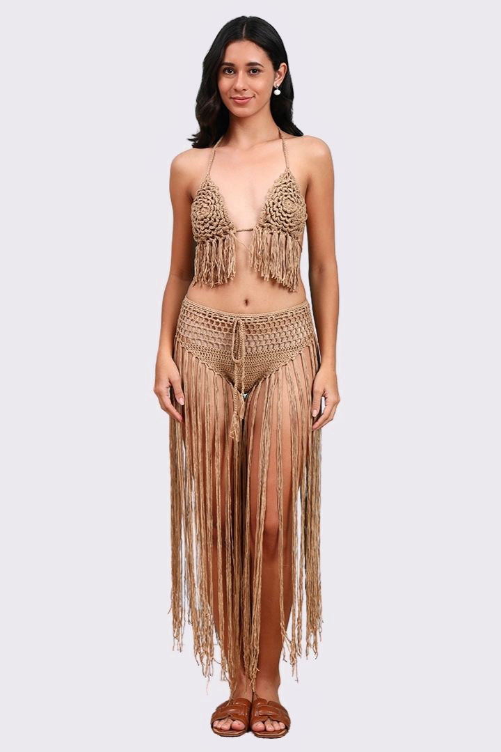 AXTZH Statement Crochet Beach Set Featuring Handcrafted Bra Top and Dramatic Fringe Overlay-X0381-CAMEL-BW2PF