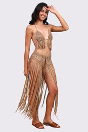 AXTZH Statement Crochet Beach Set Featuring Handcrafted Bra Top and Dramatic Fringe Overlay-X0381-CAMEL-BW2PF