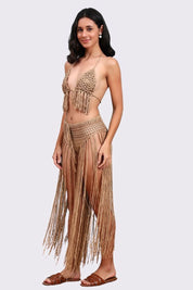 AXTZH Statement Crochet Beach Set Featuring Handcrafted Bra Top and Dramatic Fringe Overlay-X0381-CAMEL-BW2PF