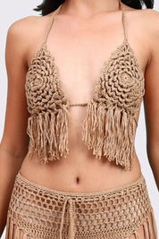 AXTZH Statement Crochet Beach Set Featuring Handcrafted Bra Top and Dramatic Fringe Overlay-X0381-CAMEL-BW2PF