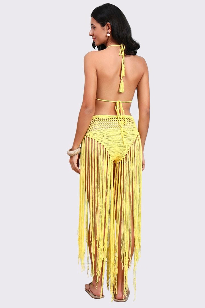 AXTZH  Statement Crochet Beach Set Featuring Handcrafted Bra Top and Dramatic Fringe Overlay-X0381-CORNSILK-BW2PF
