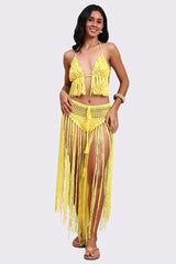AXTZH  Statement Crochet Beach Set Featuring Handcrafted Bra Top and Dramatic Fringe Overlay-X0381-CORNSILK-BW2PF