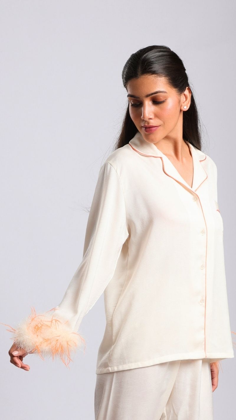Vanilla Silk Satin Feather-Cuff Pajama Set