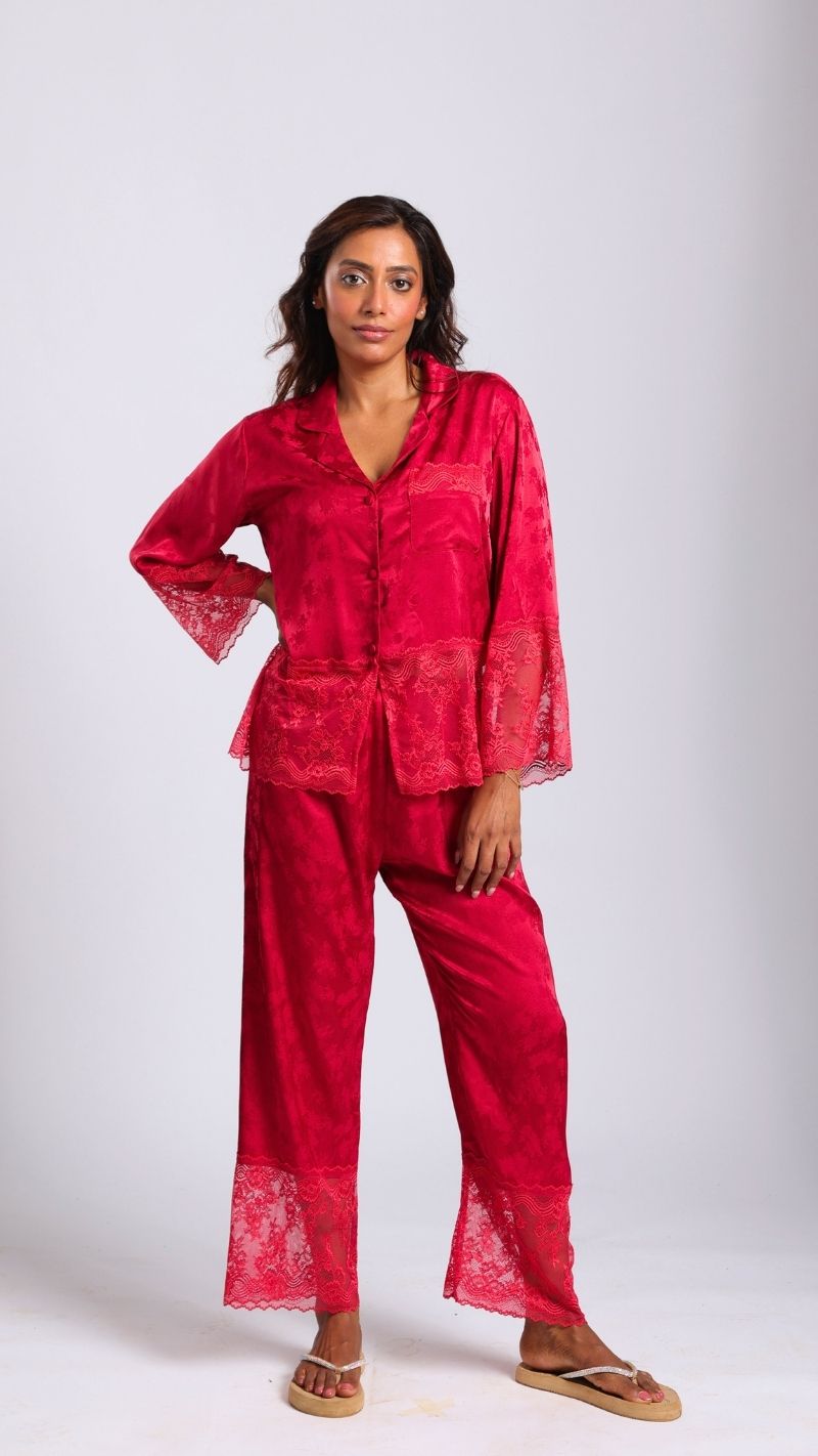 Scarlet Satin Lace-Trim Night Suit Set