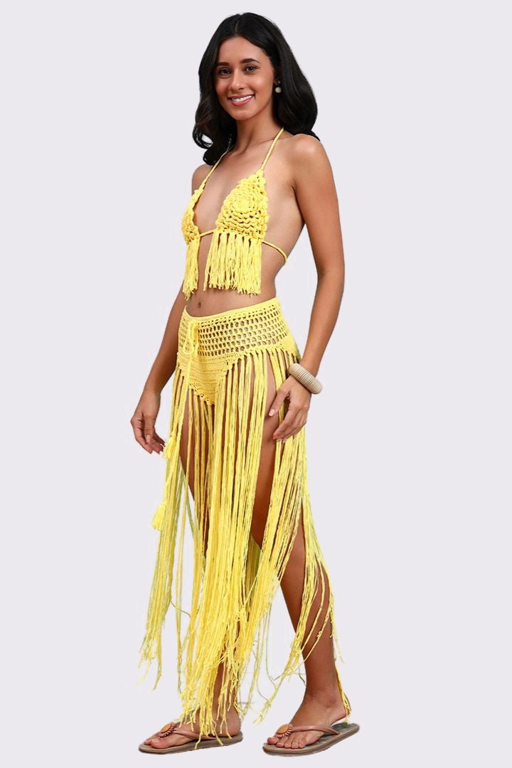 AXTZH  Statement Crochet Beach Set Featuring Handcrafted Bra Top and Dramatic Fringe Overlay-X0381-CORNSILK-BW2PF
