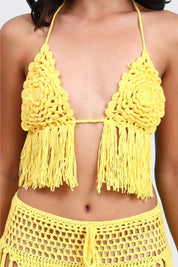 AXTZH  Statement Crochet Beach Set Featuring Handcrafted Bra Top and Dramatic Fringe Overlay-X0381-CORNSILK-BW2PF