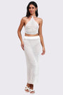 AXTZH Resort-Ready Crochet Fringe Outfit with Halter Tie Top and Long Tassel Skirt-X0381-WHITE-BW2PF