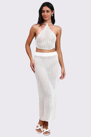 AXTZH Resort-Ready Crochet Fringe Outfit with Halter Tie Top and Long Tassel Skirt-X0381-WHITE-BW2PF