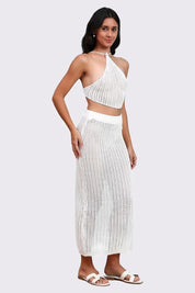 AXTZH Resort-Ready Crochet Fringe Outfit with Halter Tie Top and Long Tassel Skirt-X0381-WHITE-BW2PF