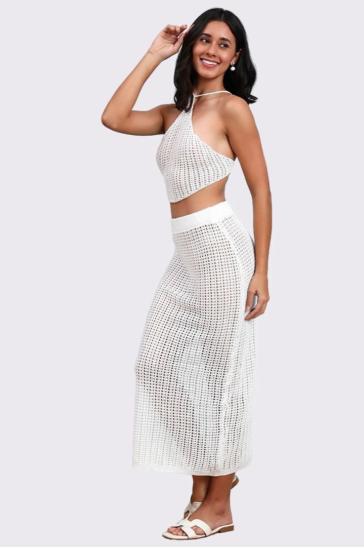 AXTZH Resort-Ready Crochet Fringe Outfit with Halter Tie Top and Long Tassel Skirt-X0381-WHITE-BW2PF
