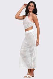 AXTZH Resort-Ready Crochet Fringe Outfit with Halter Tie Top and Long Tassel Skirt-X0381-WHITE-BW2PF