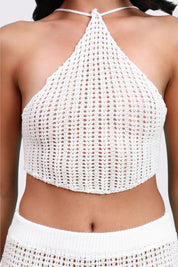 AXTZH Resort-Ready Crochet Fringe Outfit with Halter Tie Top and Long Tassel Skirt-X0381-WHITE-BW2PF