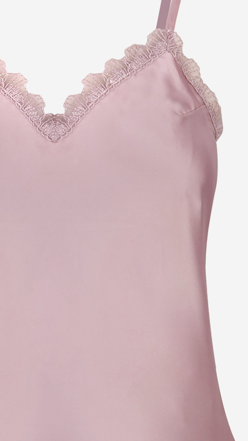 Mauve Satin Cami Shorts Set With Lace Trim