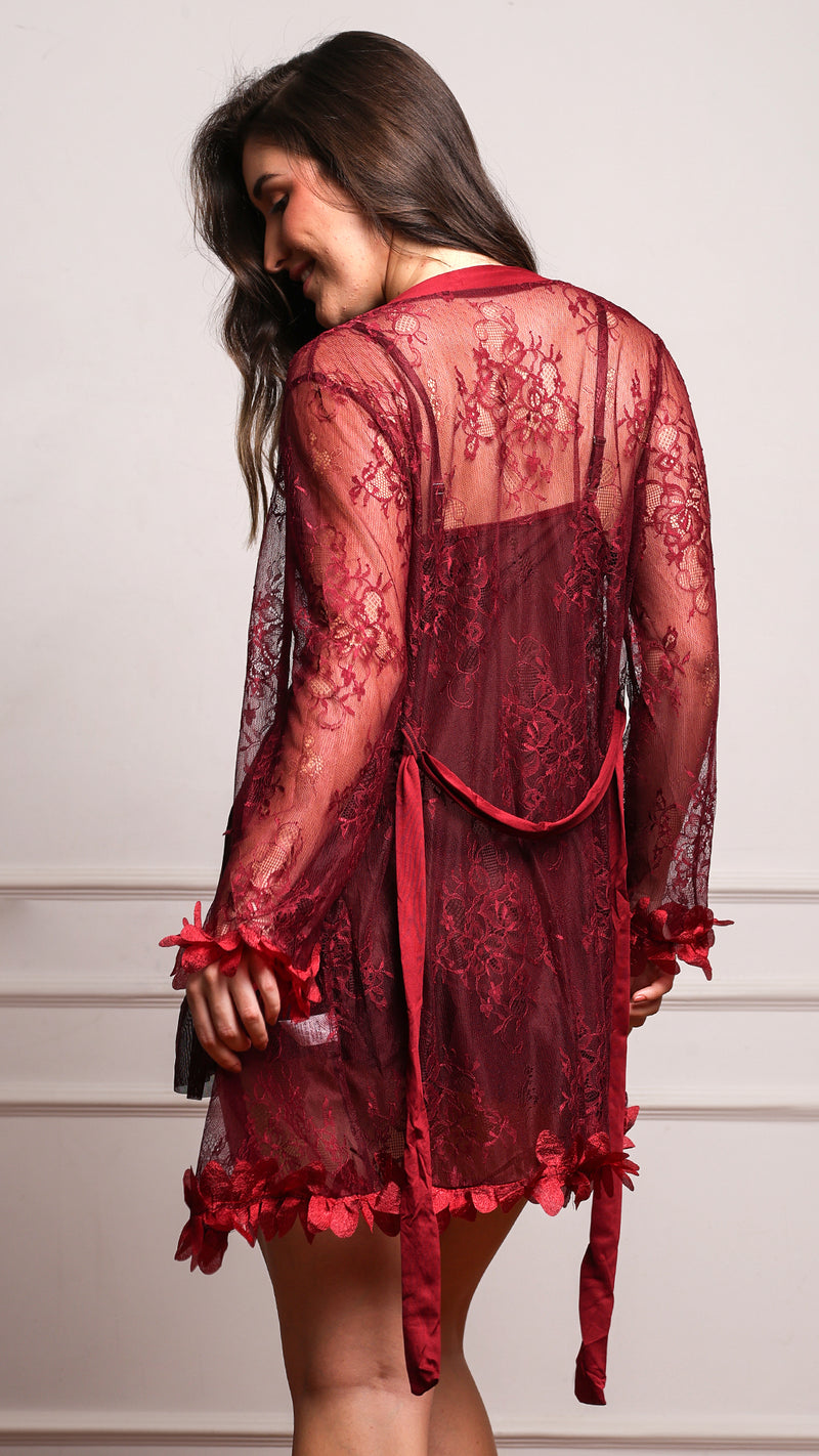 Scarlet Lace Babydoll & Robe Set with Wired Sheer Cups