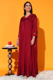 NIGHTWEAR-X2167IO Solid Satin Maxi Nightdress with Lace Details