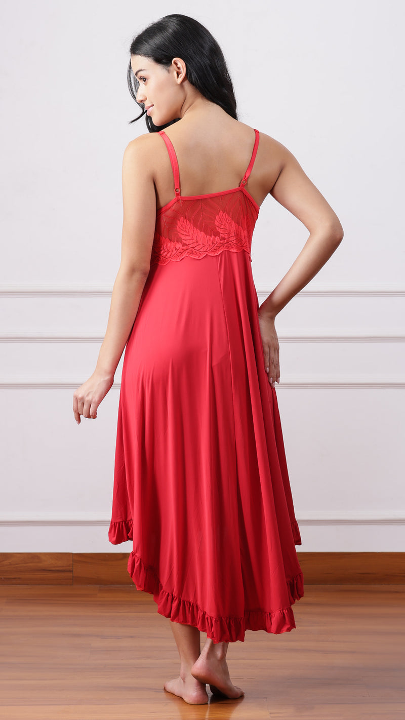 Back view of woman wearing red nightdress with ruffle hem