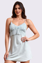 AXTZH Elegant One-Piece Nightwear for Women with Lace Accents and Delicate Detailing  X3606-SBLUE-F1S