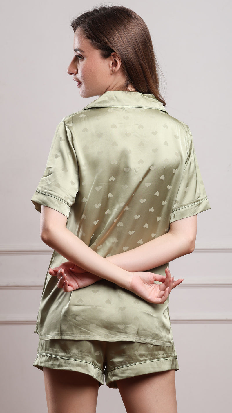 Mint Heart Jacquard Satin Pajama Set — Shirt, Shorts & Pants
