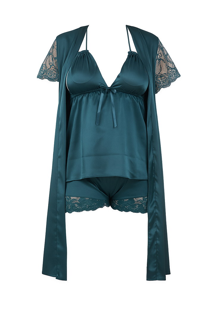 AXTZH 3-Piece Satin Nightwear Set with Robe X7662-TEAL-NSS3PS