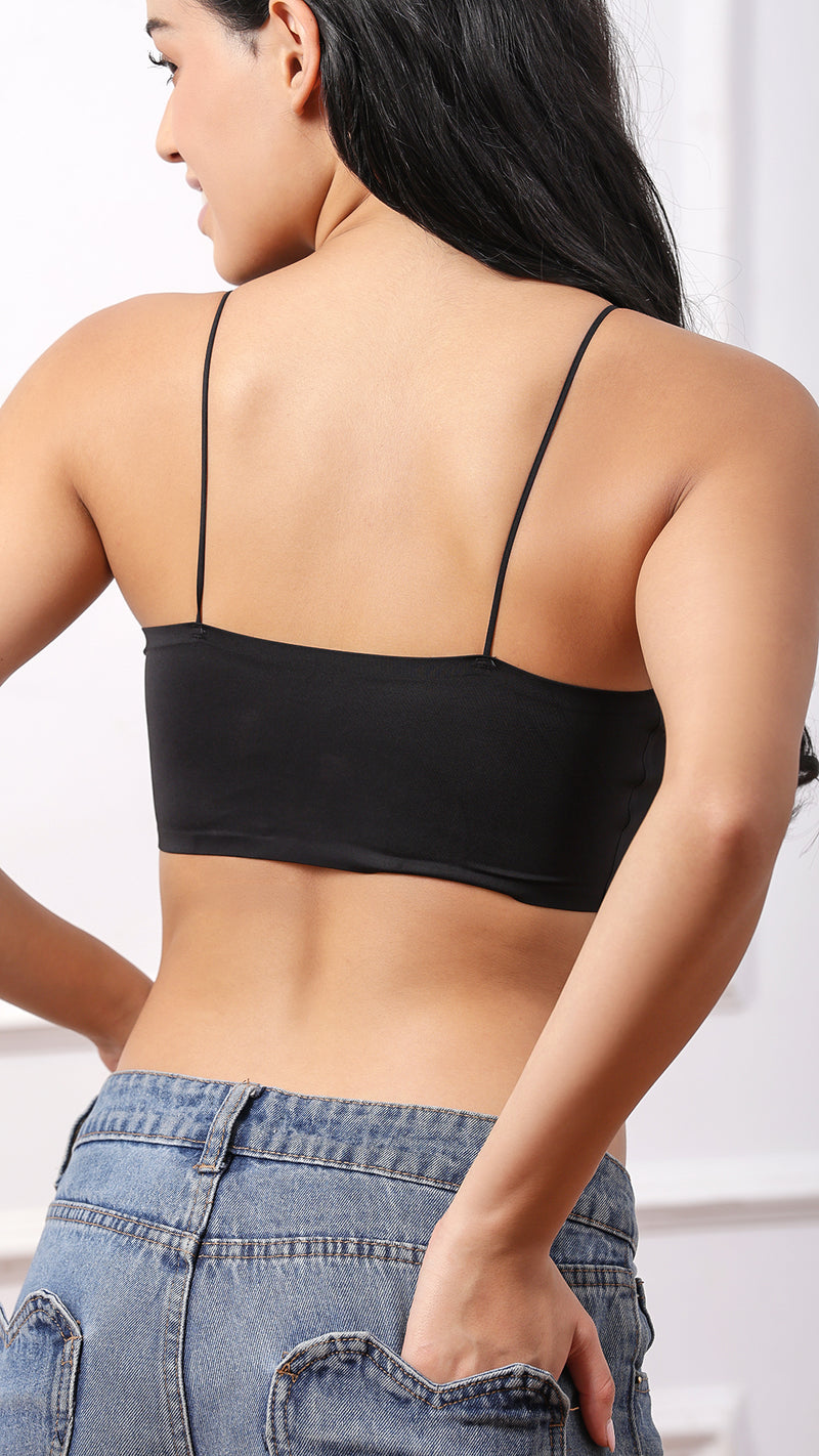 Back view of black Padded Cami Bralette, straight-back design