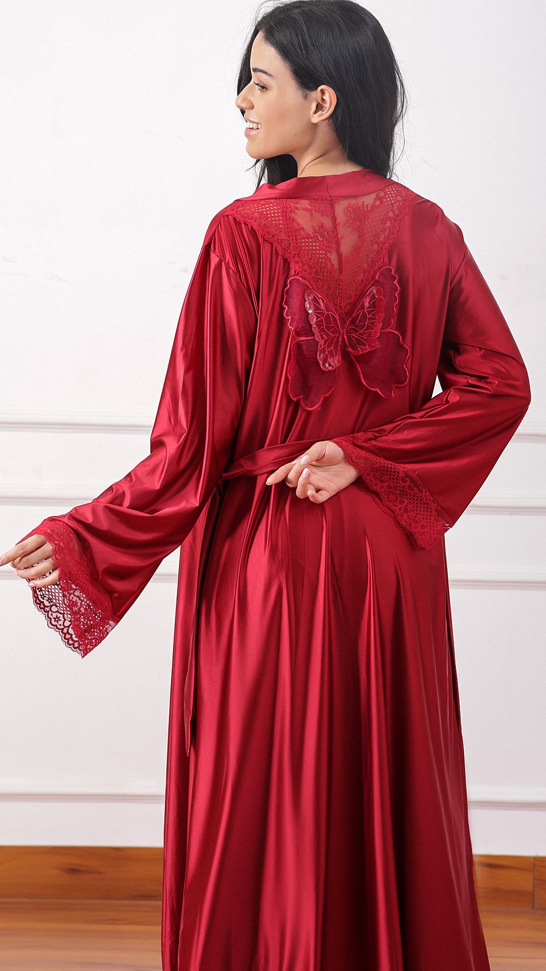 Maroon satin slip dress without robe, front view