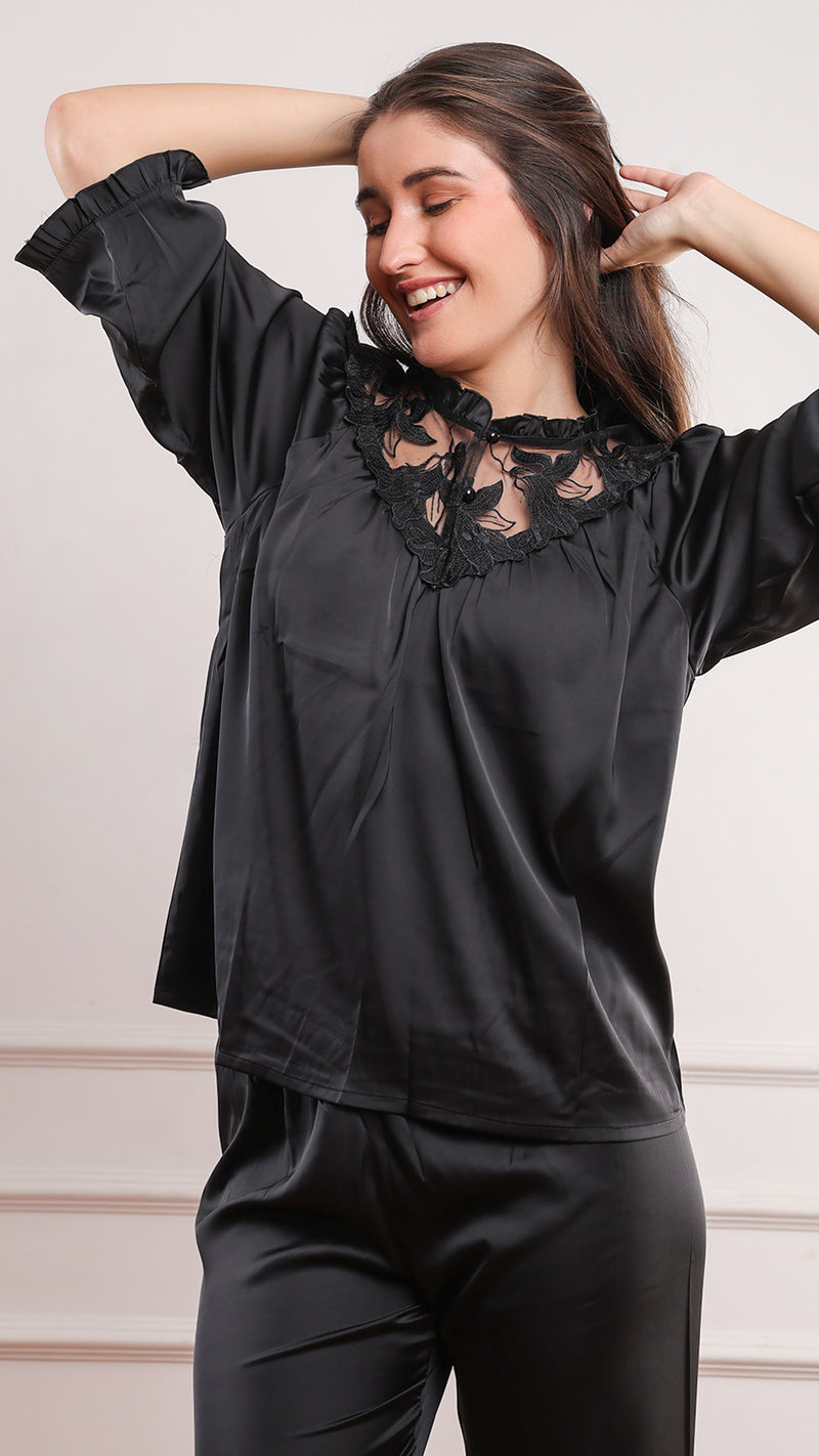 Black Lace Yoke Padded Top & Pajama Set