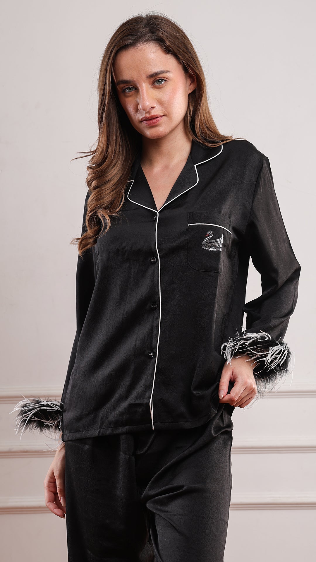 Black Silk Satin Feather-Cuff Pajama Set