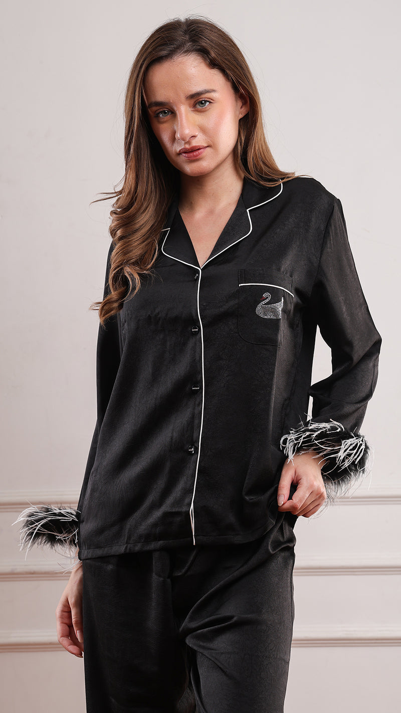 Black Silk Satin Feather-Cuff Pajama Set