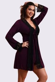 AXTZH Stylish Nightwear Duo with Flowing Outer Robe and Comfortable Inner Slip Dress X3233-MULBERRY-F11M
