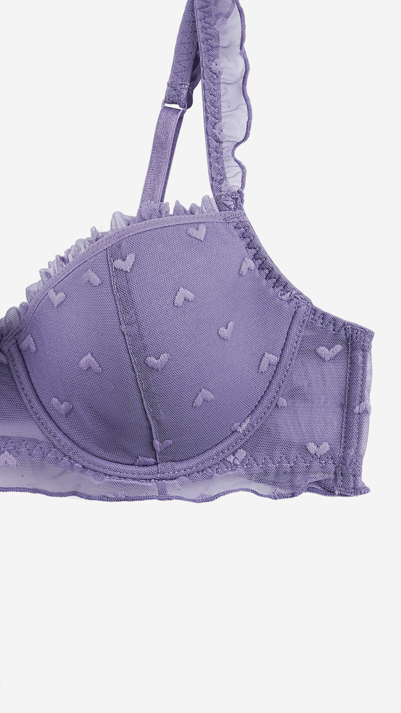 Lavender Heart Print Wired Lace Bra