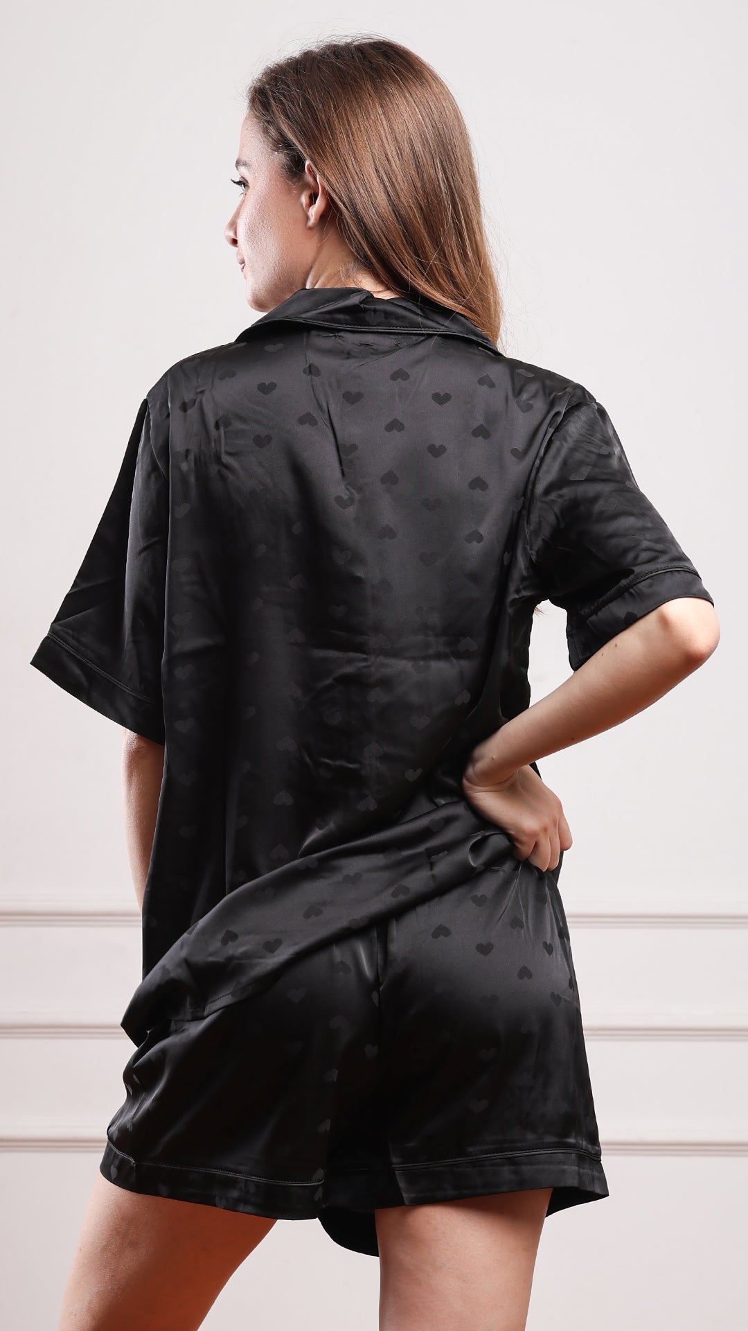 Black Heart Jacquard Satin Pajama Set — Shirt, Shorts & Pants
