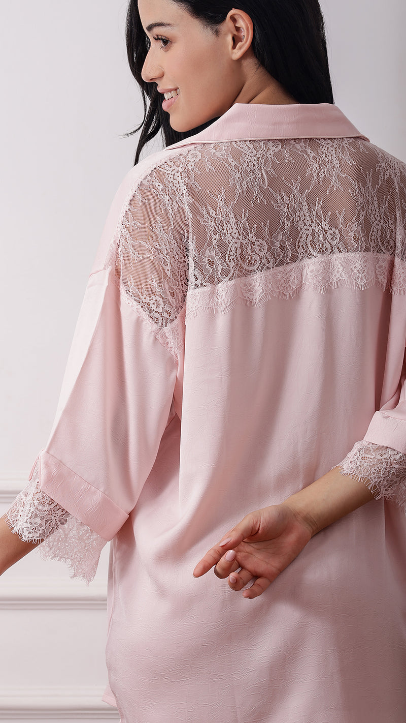 Pink satin button-down sleep shirt, side view