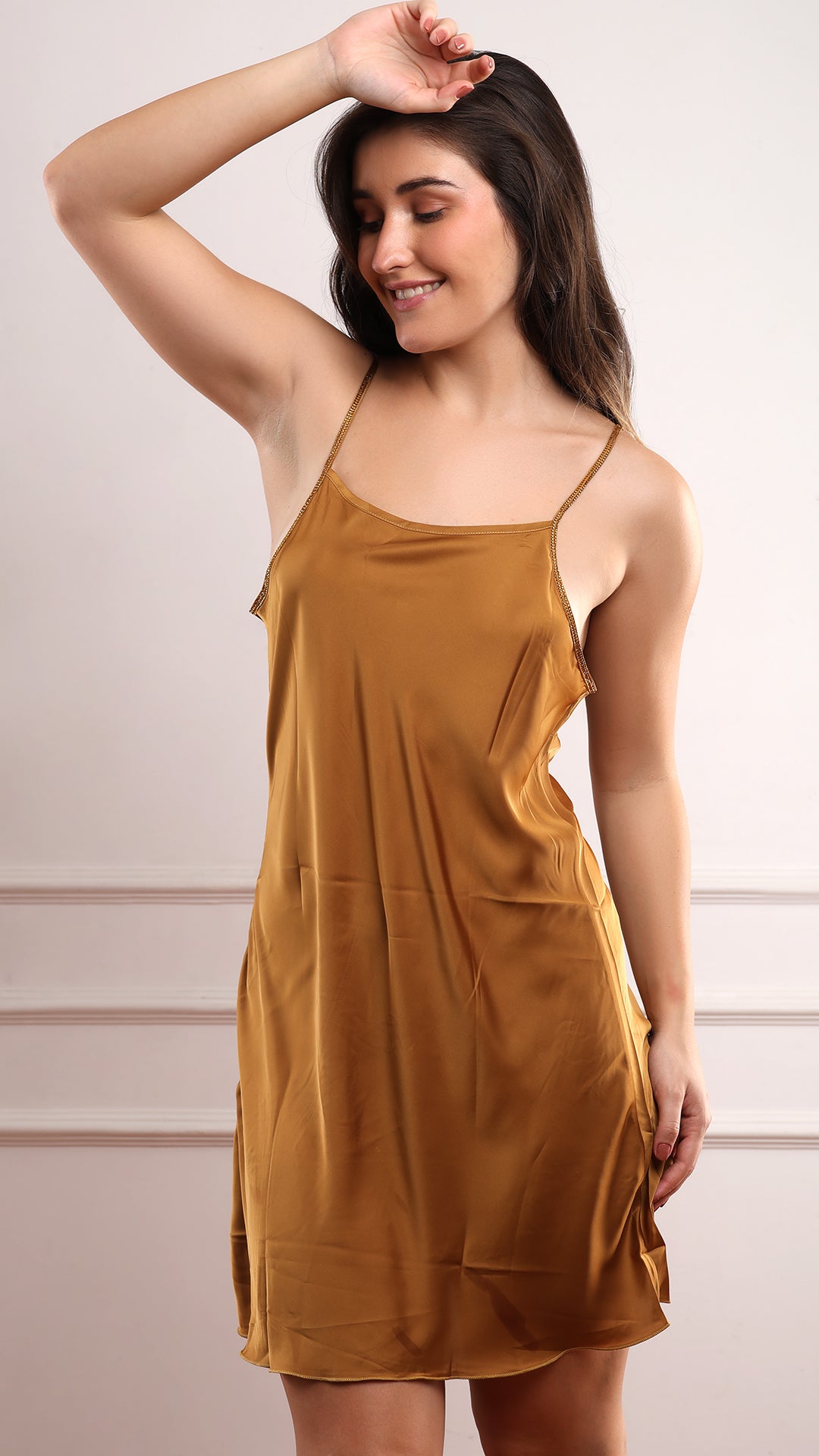 Mustard Satin Short Slip Nightgown