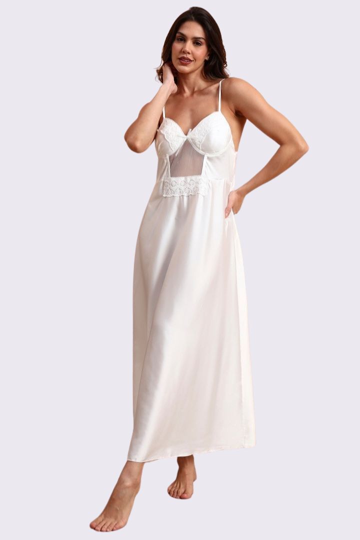 AXTZH Sophisticated and Alluring Nightwear Ensemble Featuring a Full-Length Gown with Sheer Accents X5101-WHITE-F22S