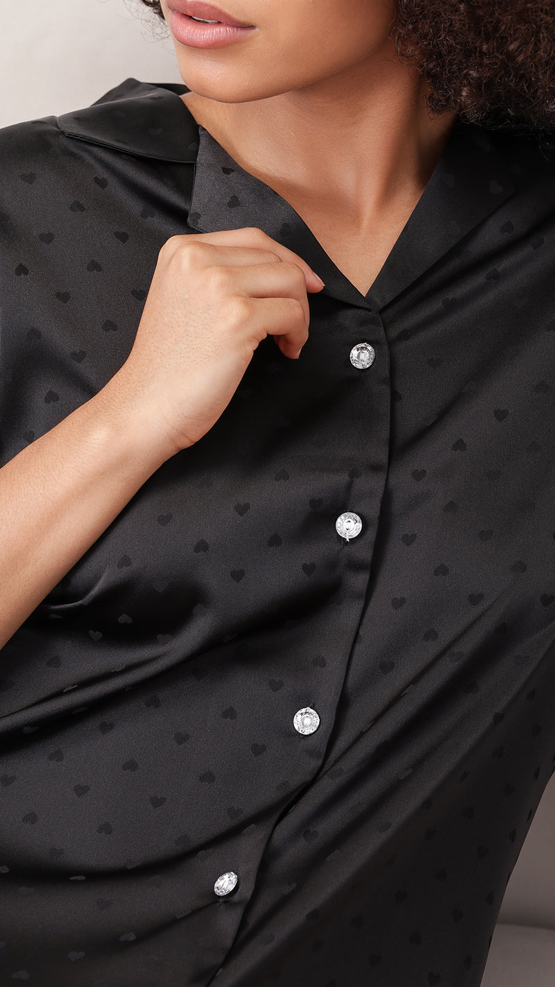 Black satin button-down sleep shirt, front view