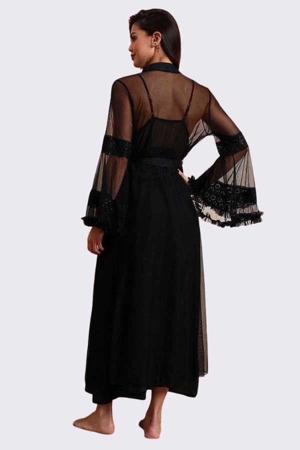 AXTZH Sophisticated and Alluring Nightwear Ensemble Featuring a Full-Length Gown with Sheer Accents X5101-BLACK-F22S