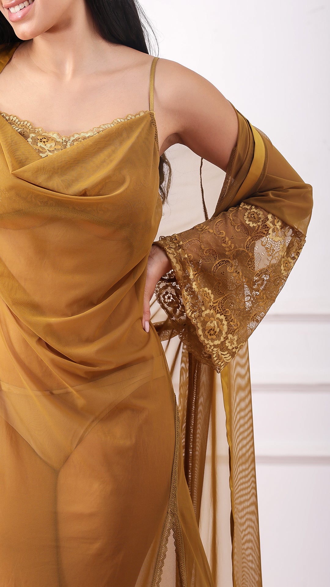 Mustard gold satin slip dress without robe, front view