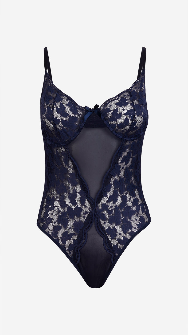 Navy Lace Wired Bodysuit & Sheer Robe Set