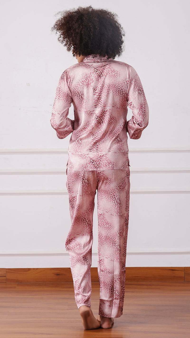 Floral print satin pyjama set, three-quarter front view