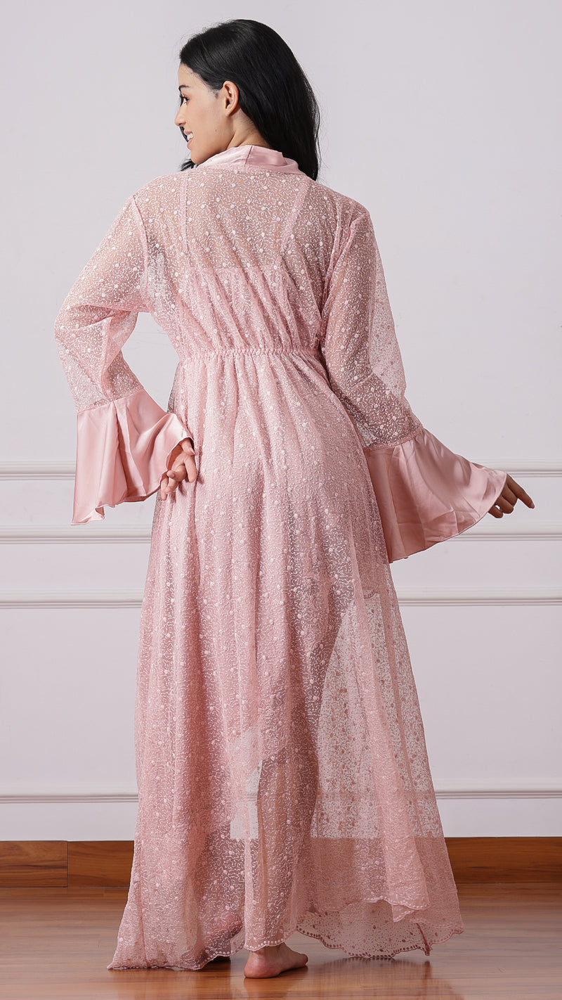 Pink sheer lace robe with satin trim and bell sleeves, back view