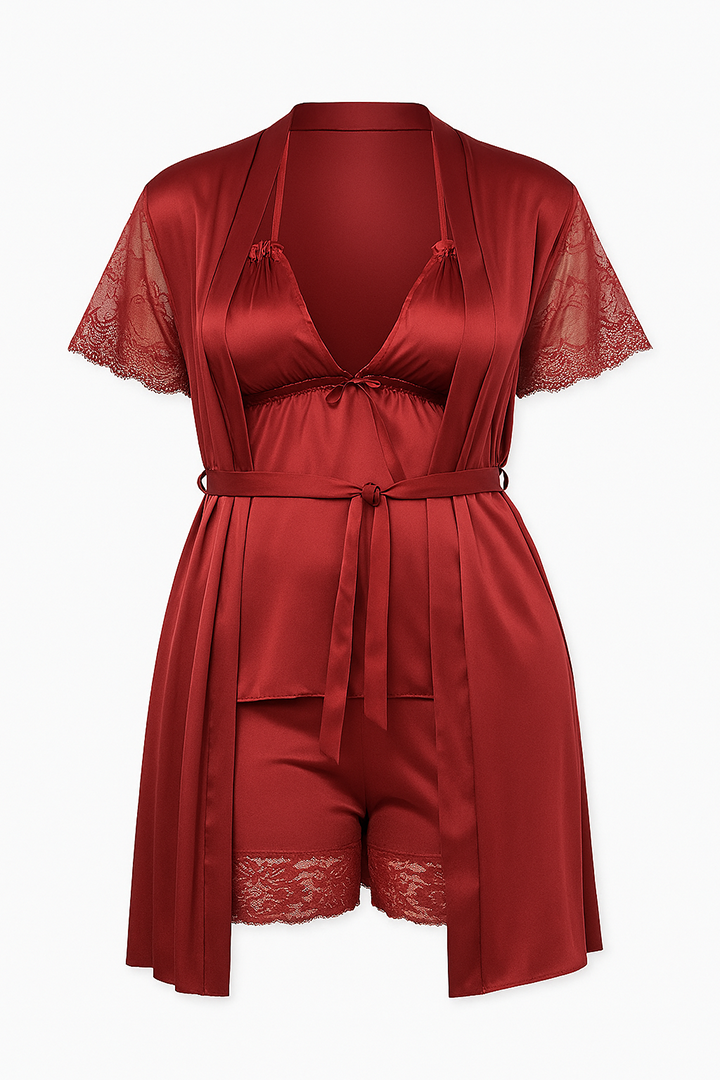 AXTZH 3-Piece Satin Nightwear Set with Robe X7662-SCARLET-NSS3PS