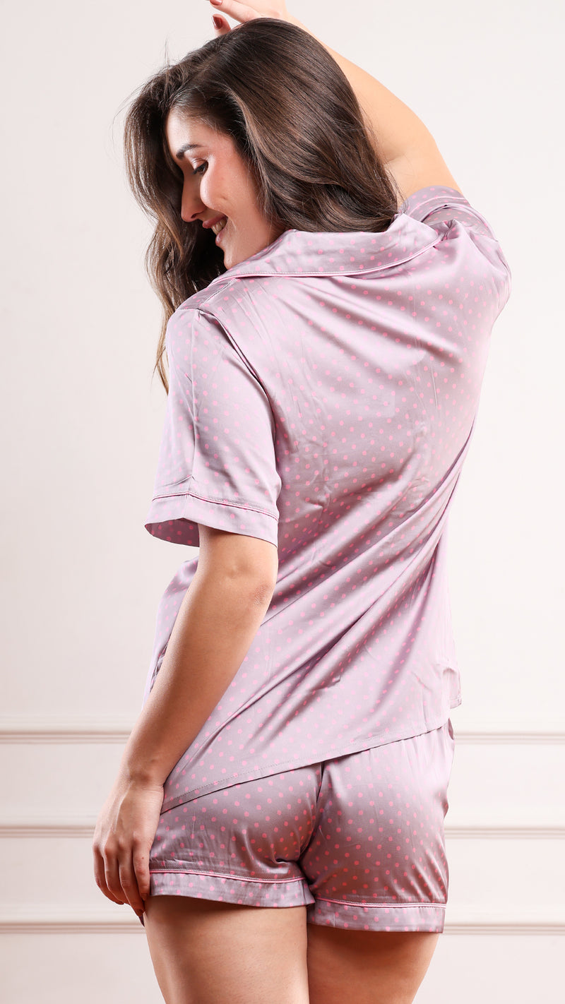 Mauve Polka Dot Satin 3pc Pajama Set – Shirt, Shorts & Pant