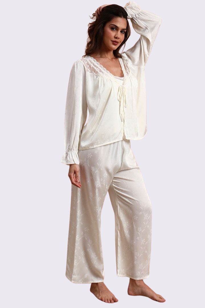 AXTZH Timeless Three-Piece Nightwear Set with Robe, Lace Accents, and Relaxed Fit for Everyday Luxury X0903-IVORY-NSL3PS