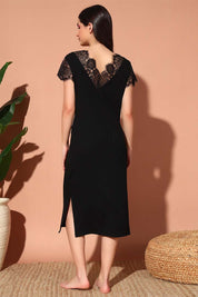 NIGHTWEAR-XF1MO2371 Lace-Detail V-Neck Spandex Nightdress