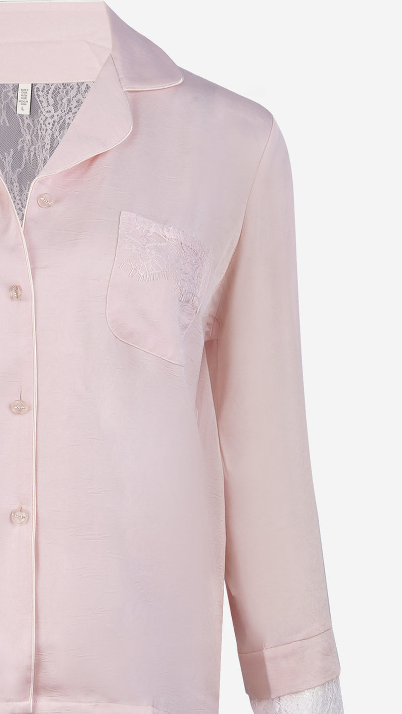 Pink Silk Satin Pajama Set I Lace Trim Nightwear