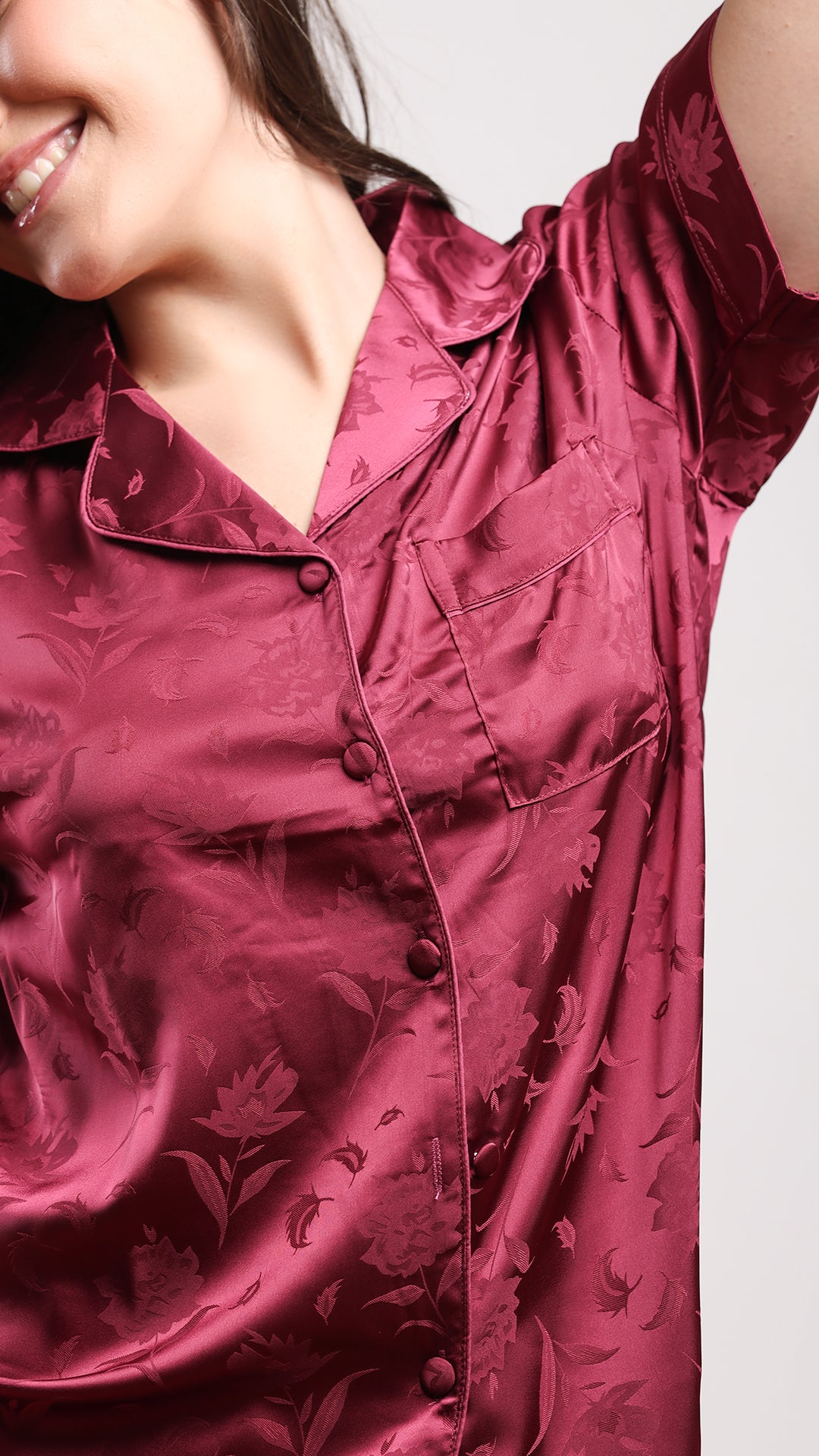 Wine satin pajama shirt with floral jacquard, button front and chest pocket